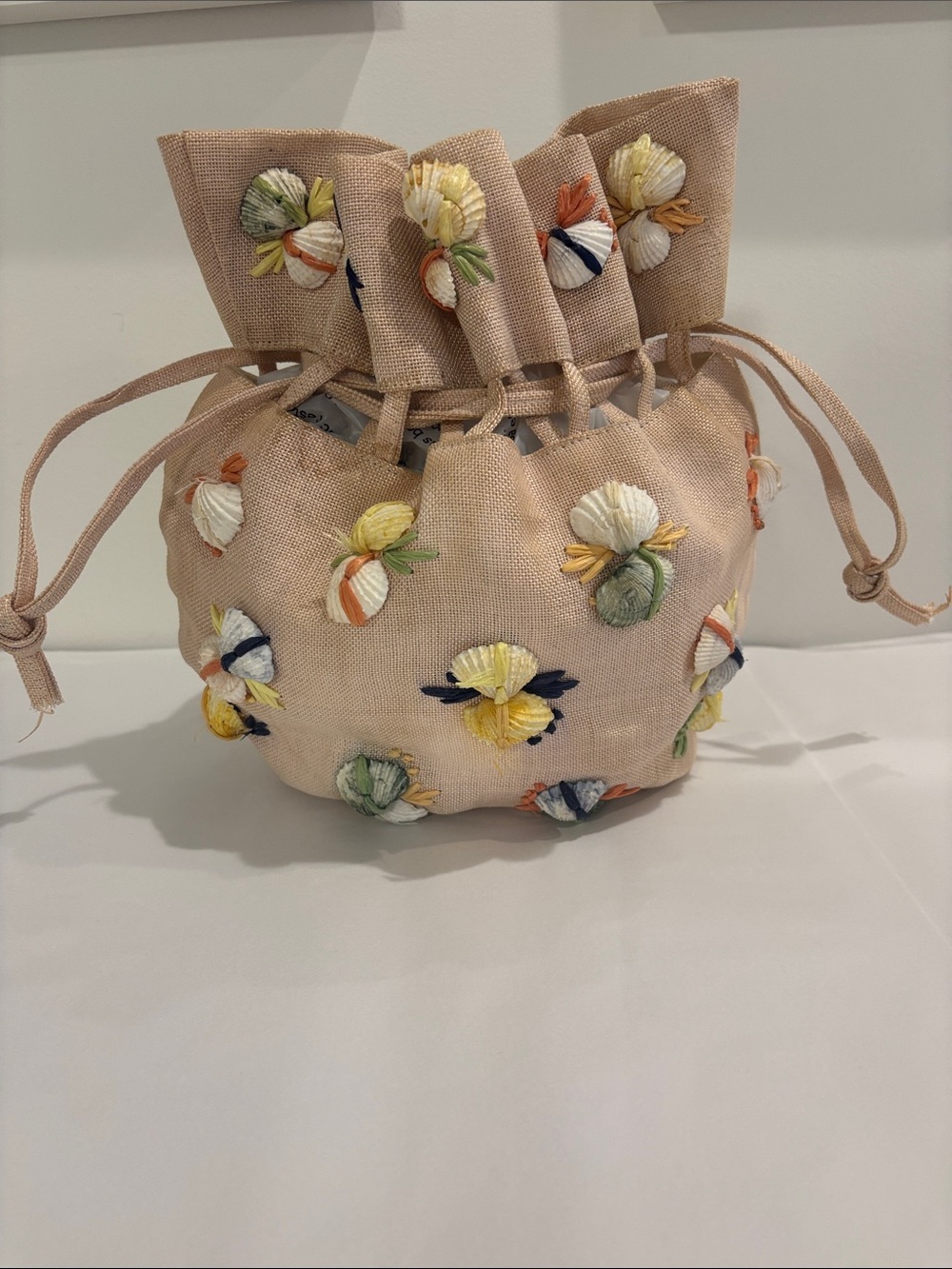 Woven Panama Straw Drawstring Pouch Purse W/ Pastel Seashell Embellishment lined